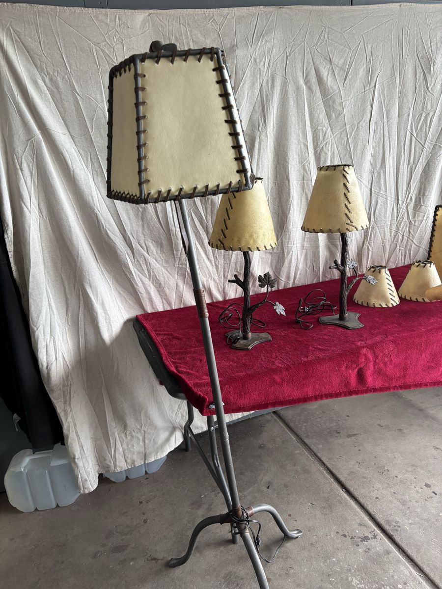Rustic Forged Iron Floor & Table Lamp Set - Tree & Leaf Design with Rawhide Shades (5 Piece) Cabin? Lodge?