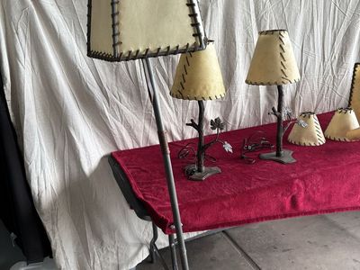 Rustic Forged Iron Floor & Table Lamp Set - Tree & Leaf Design with Rawhide Shades (5 Piece) Cabin? Lodge?