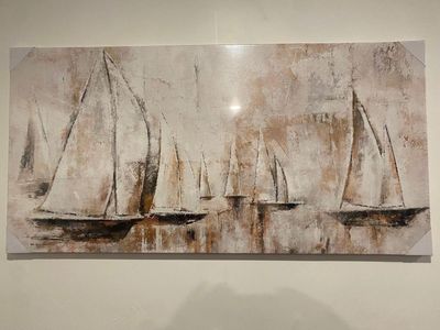 24" x 48" Brown Rustic Nautical Sailboat Canvas Wrapped Painting Artwork