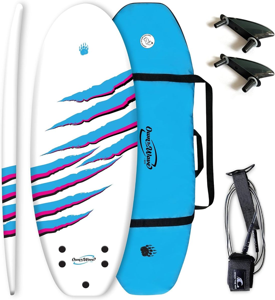 **Brand New** Own the Wave “Claw Strike” Foam Surfboard Set + Bag, Fins & Leash