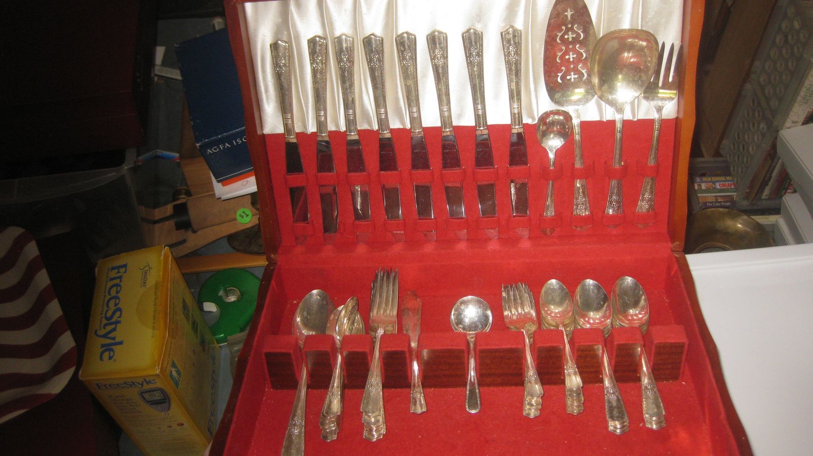3 Silverware sets  in wooden cases, plated, $50 per set.  46 pieces by  gold plated, 45 pieces same,  43pieces  silver plated