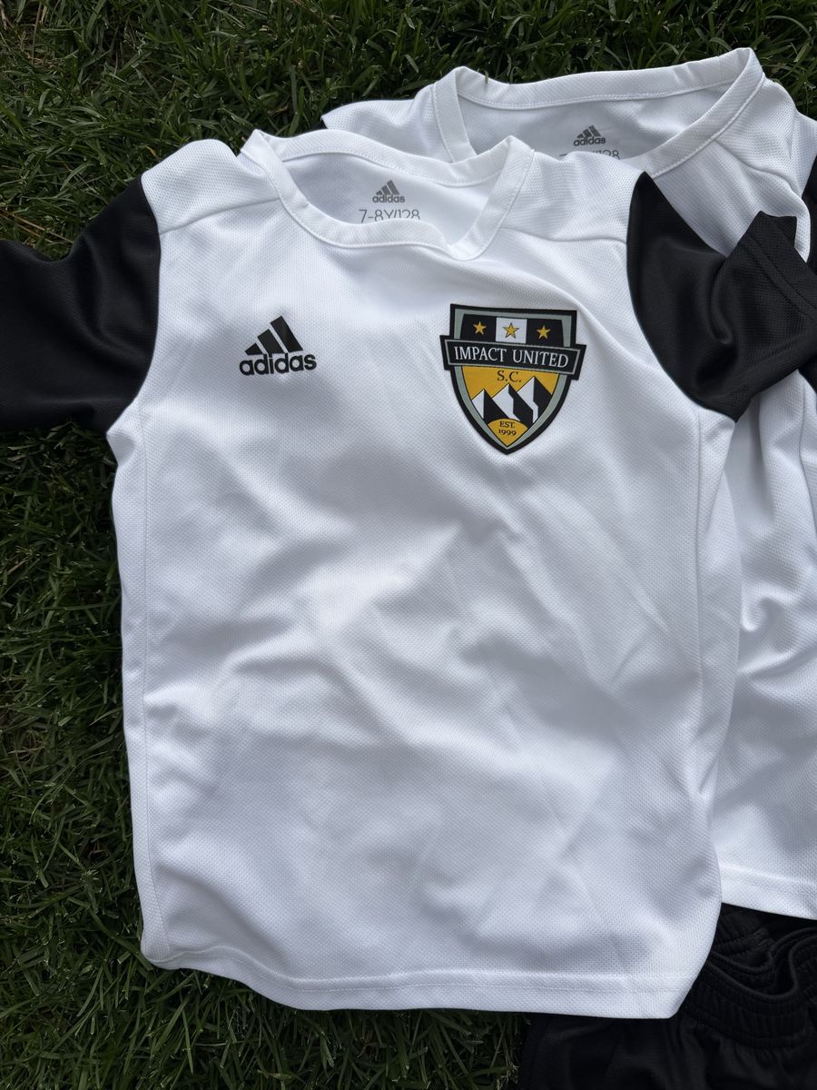 Adidas Impact United S.C. Soccer Uniform Set - White & Black Jerseys, Shorts, Cleats, Shin Guards 7-8Y