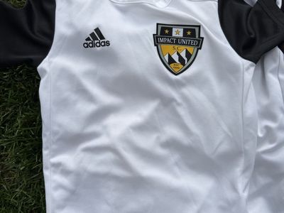 Adidas Impact United S.C. Soccer Uniform Set - White & Black Jerseys, Shorts, Cleats, Shin Guards 7-8Y