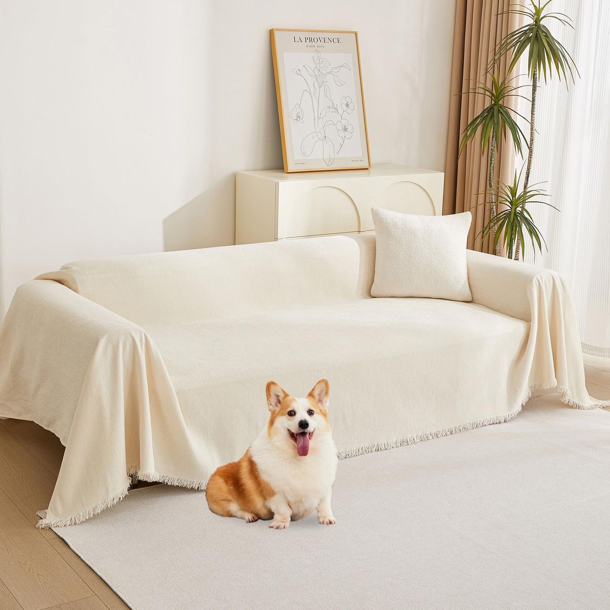 Cream Sofa Couch Cover with Tassels - Furniture Protector for Pets, Kids, and Stains