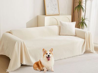 Cream Sofa Couch Cover with Tassels - Furniture Protector for Pets, Kids, and Stains