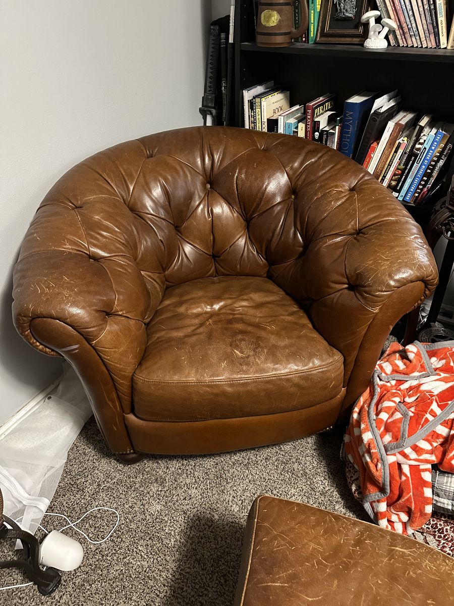 Vintage Style Tufted Leather Barrel Chair & Ottoman Set - Brown, Comfortable Seating