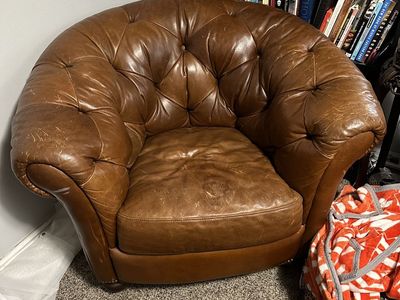 Vintage Style Tufted Leather Barrel Chair & Ottoman Set - Brown, Comfortable Seating