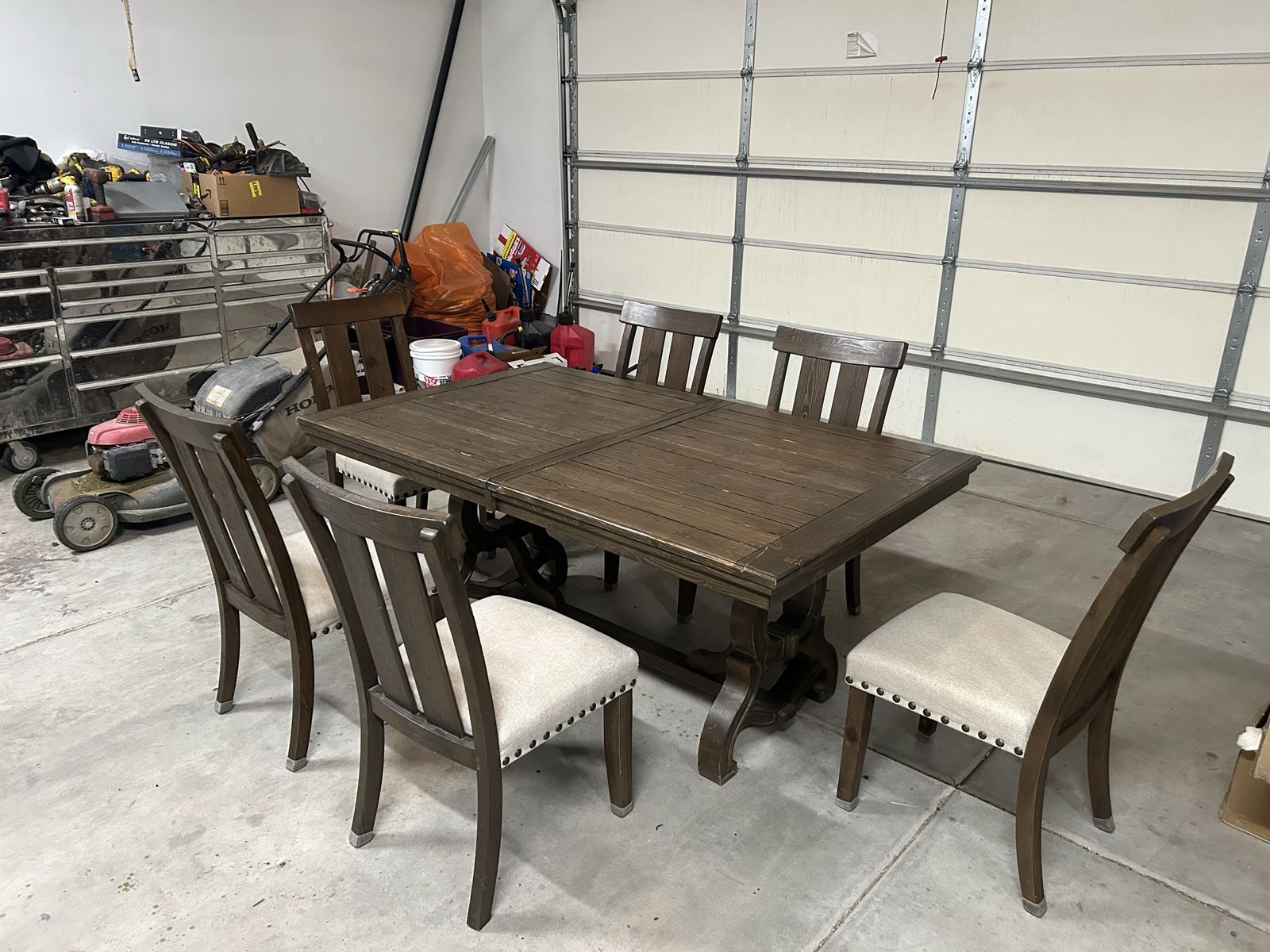 Rustic Wood Dining Table with 6 Upholstered Chairs - Extendable Leaf, Nailhead Trim