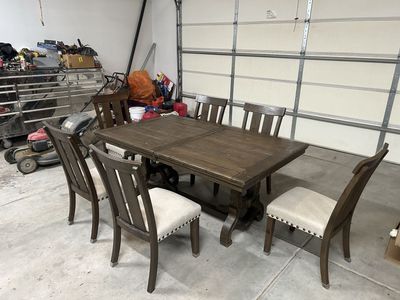 Rustic Wood Dining Table with 6 Upholstered Chairs - Extendable Leaf, Nailhead Trim