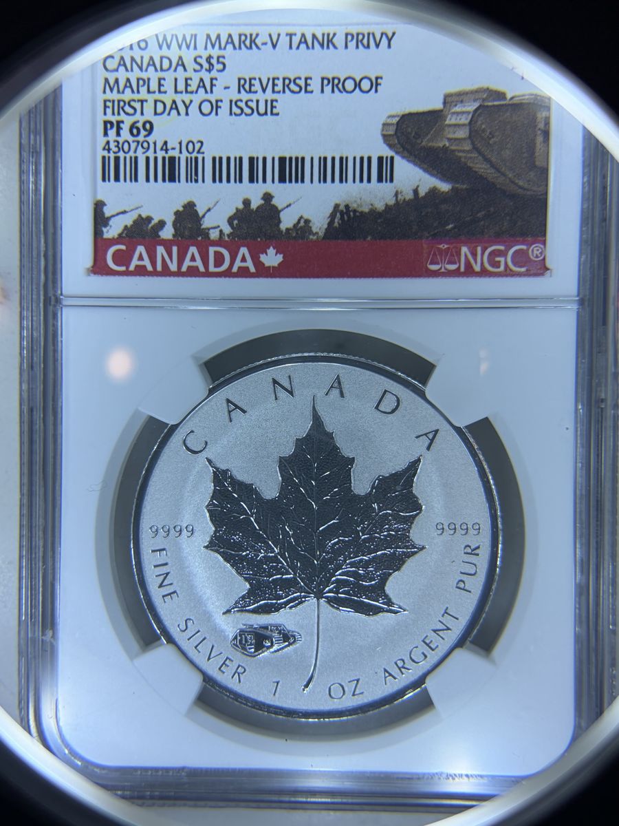 NGC Certified 2016 Canada $5 Silver Maple Leaf WWI Mark V Tank Privvy PF69 First Day Issue