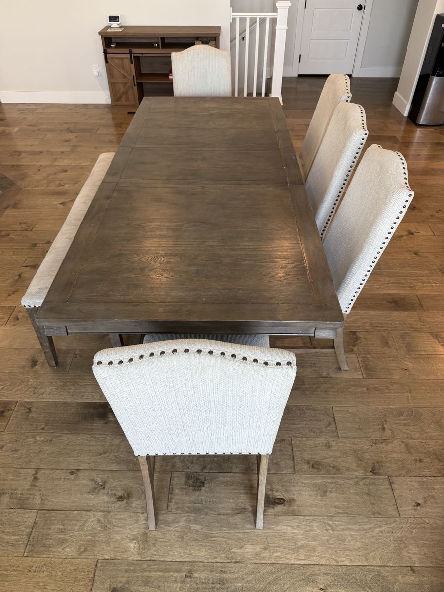 Rustic Wood Dining Table Set with Extension Leaf, 5 Upholstered Chairs & Bench