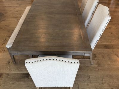 Rustic Wood Dining Table Set with Extension Leaf, 5 Upholstered Chairs & Bench