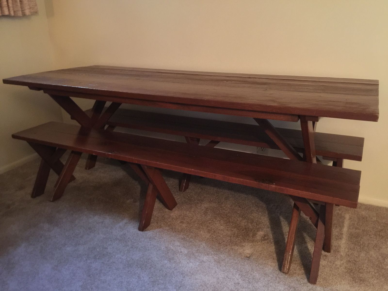  Rustic Wooden Dining Table and Bench Set with X-Leg Design
