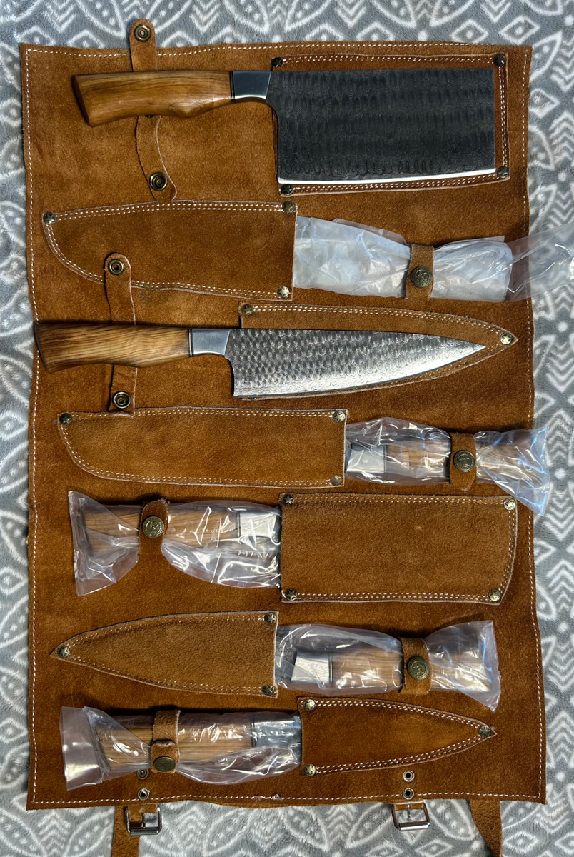 Kitchen 7 pc. Chef Set, Olive Wood, Raindrop Damascus