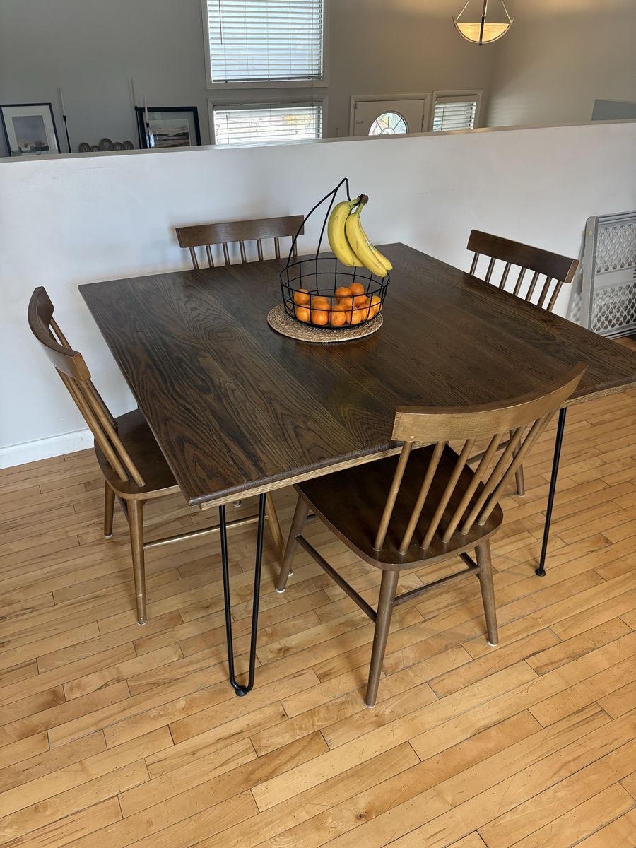 Square Dining Table w/ Hairpin Legs - Dark Wood Finish (Chairs included).