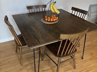 Square Dining Table w/ Hairpin Legs - Dark Wood Finish (Chairs included).