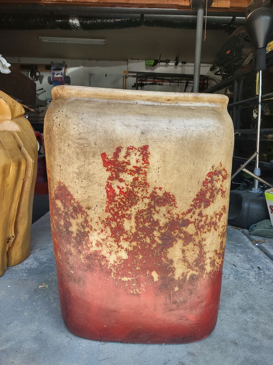 Large Metal Indoor/Outdoor Planter with Distressed Red and Tan Finish - Rustic Garden Decor