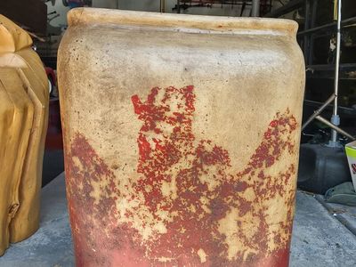 Large Metal Indoor/Outdoor Planter with Distressed Red and Tan Finish - Rustic Garden Decor