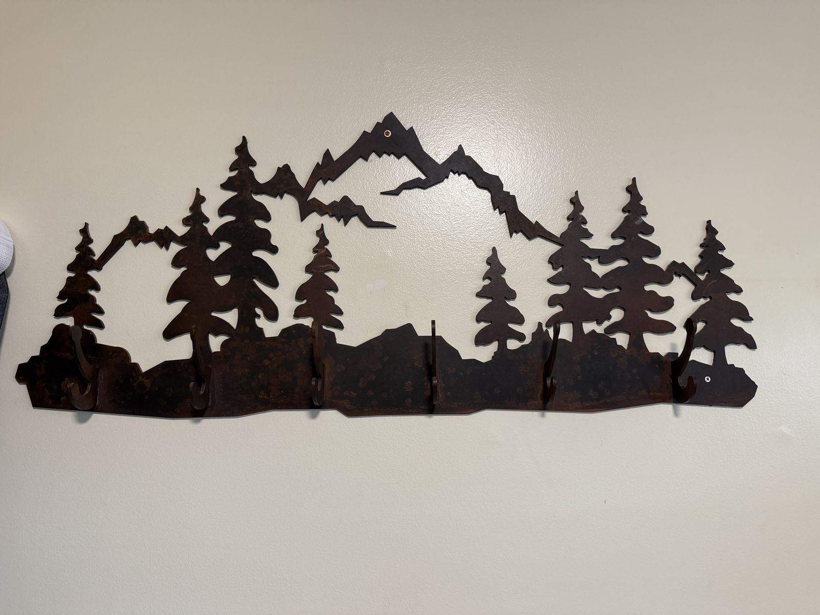 Rustic Metal Mountain & Tree Coat Rack - 5 Hooks, Wall Mounted Decor
