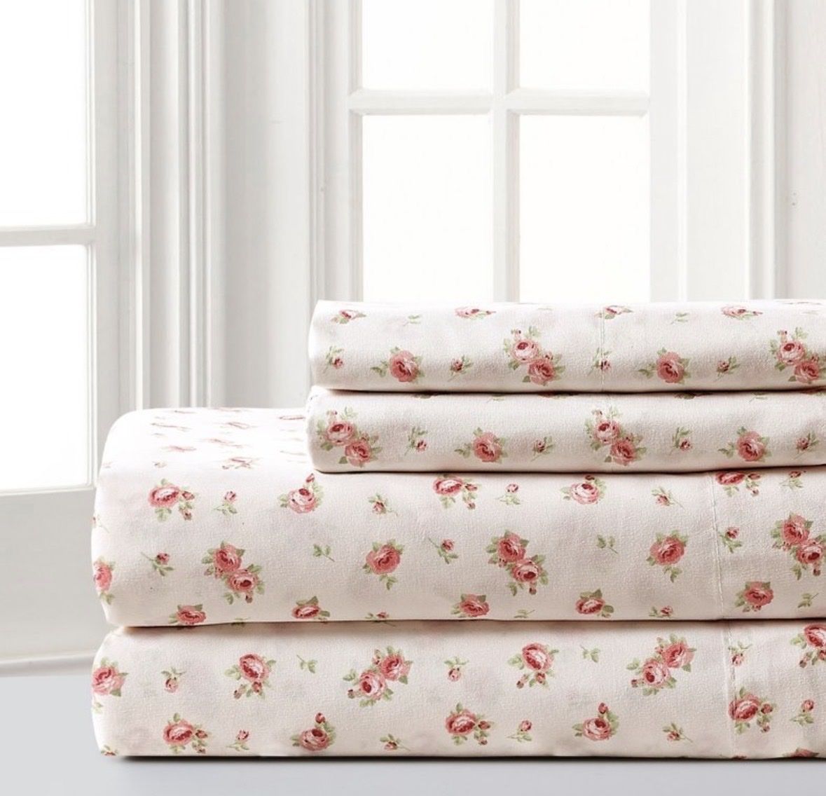 Size Full Shabby Chic Rose Floral Queen Sheet Set - Pink & Green Print, Soft Cotton Blend Bedding