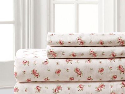 Size Full Shabby Chic Rose Floral Queen Sheet Set - Pink & Green Print, Soft Cotton Blend Bedding