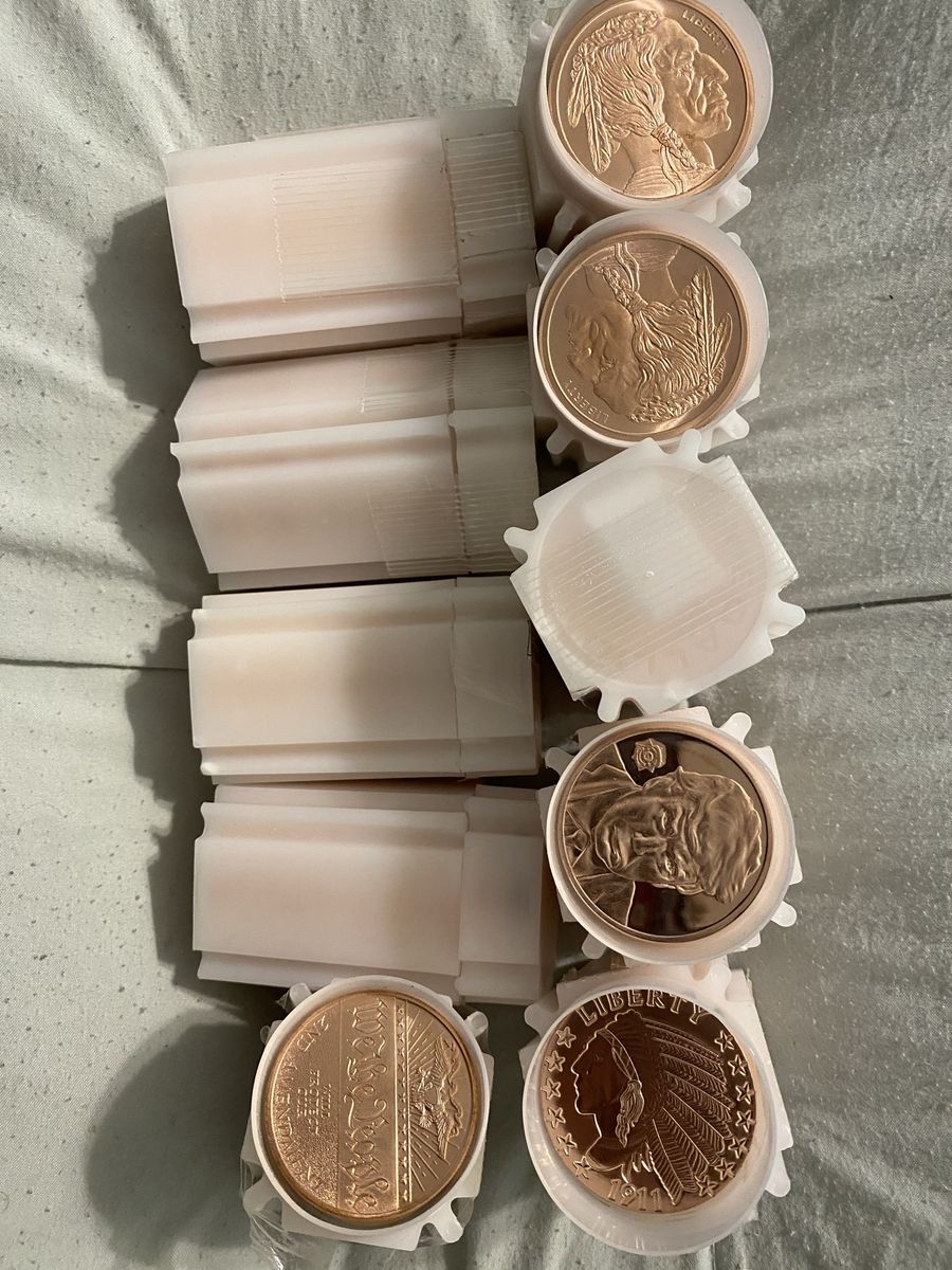 1oz Copper Rounds in Tubes - Buffalo & Indian Head  mix Designs - 10 rolls of 20!