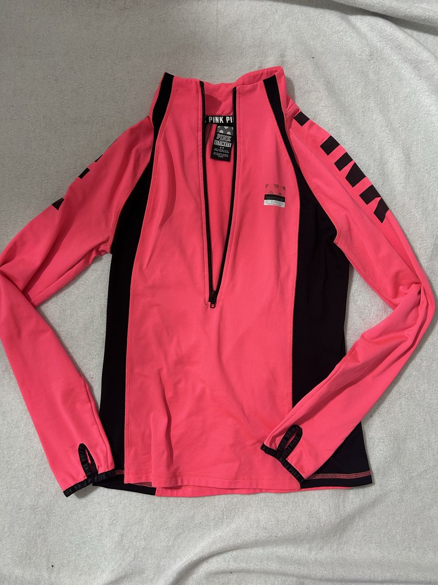PINK Victoria's Secret Ultimate Half-Zip Pullover | Women's Size Small | Neon Pink & Black | 90% Poly 10% Elastane