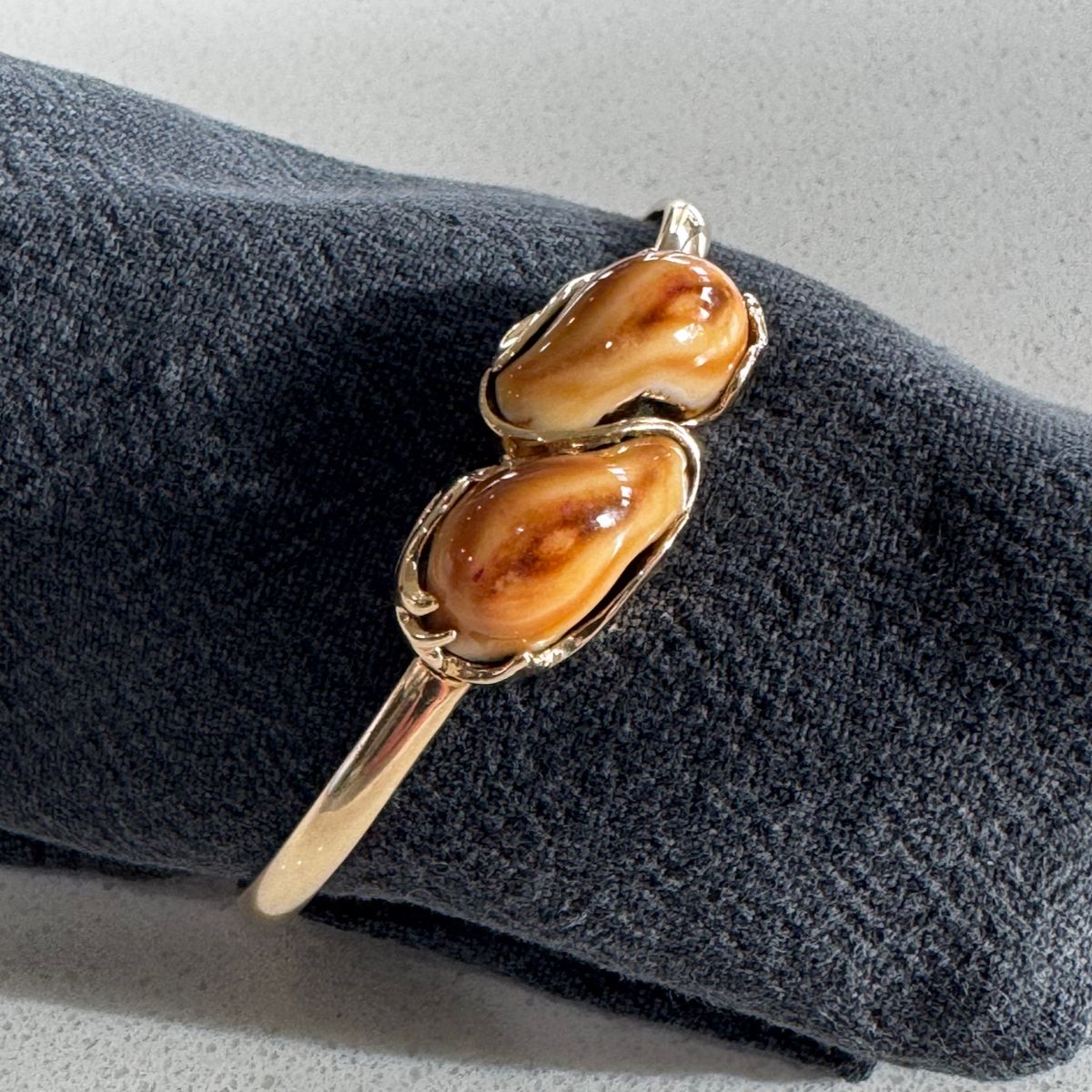 14K Gold Hinged Bypass Bangle – Double Bull Elk Ivory (22g Custom Heirloom)