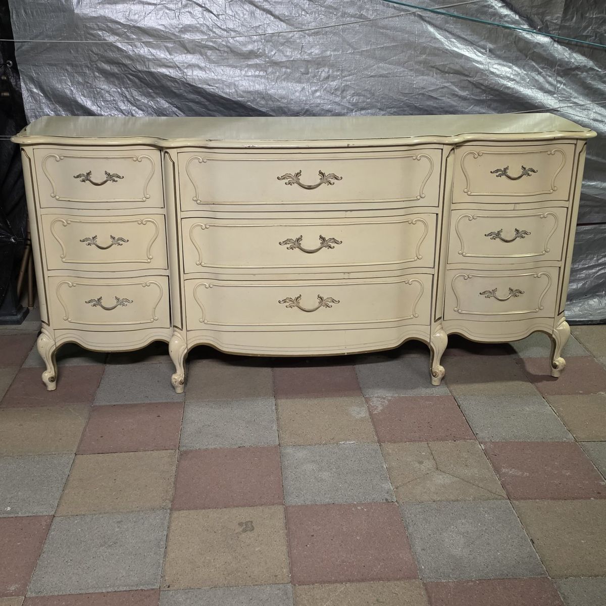 Vintage French Provincial Triple Dresser/Credenza - Creamy White with Gold Accents, 9 Drawers