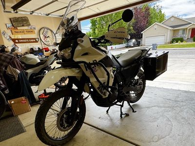 2024 Kawasaki KLR 650S ABS Adventure Motorcycle - White, Low Mileage, w/ Tusk Panniers and heated grips