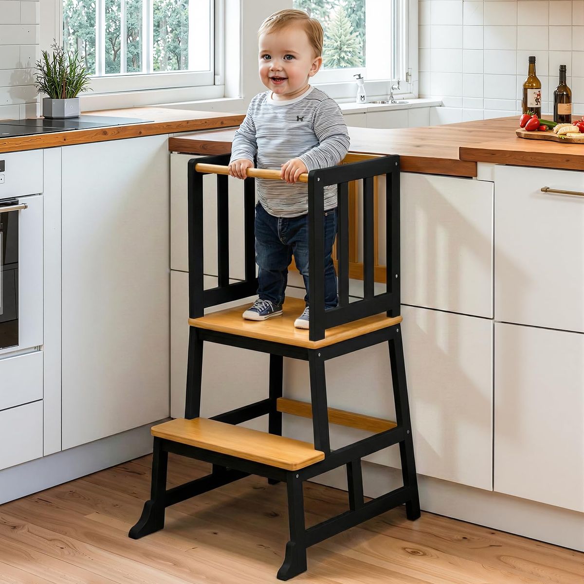 COSYLAND Toddler Kitchen Step Stool, Montessori Learning Tower, Adjustable Height, "A"-Shaped Safety, 150lb Capacity