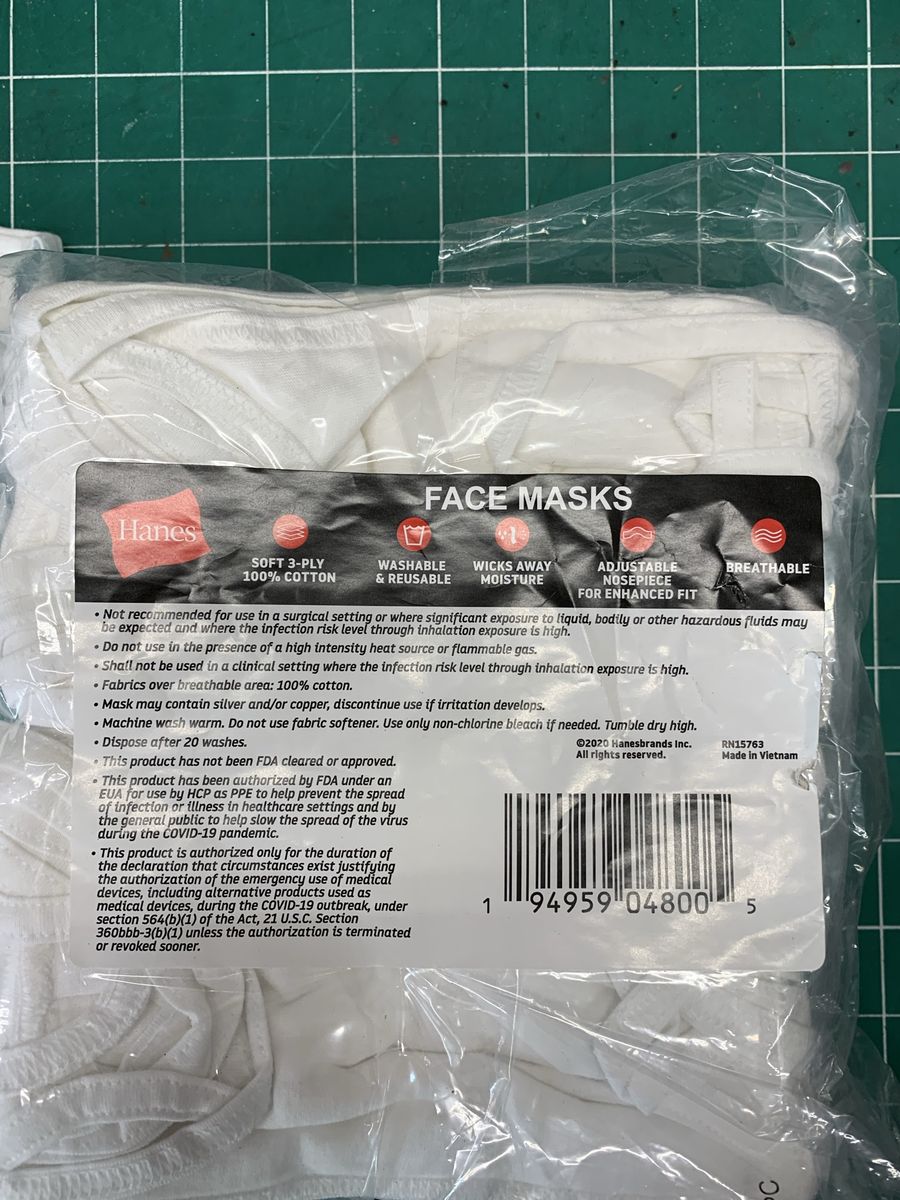 Hanes White 100% Cotton 3-Ply Reusable Washable Face Masks Bulk Pack