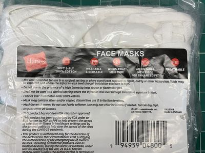 Hanes White 100% Cotton 3-Ply Reusable Washable Face Masks Bulk Pack