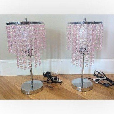 Pair of Pink Beaded Chandelier Style Table Lamps with Chrome Base