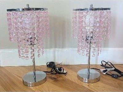Pair of Pink Beaded Chandelier Style Table Lamps with Chrome Base