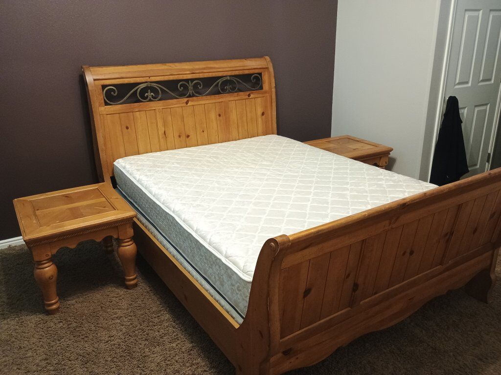 Queen Bed Set Frame + Sidetables + Mattress