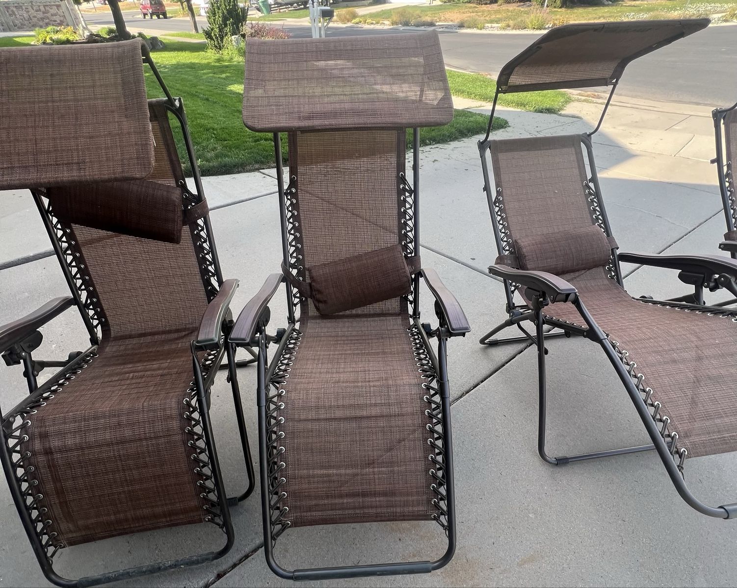Set of 4 Folding Zero Gravity Recliners with Sunshade Canopies & Headrest Pillows - Brown Mesh