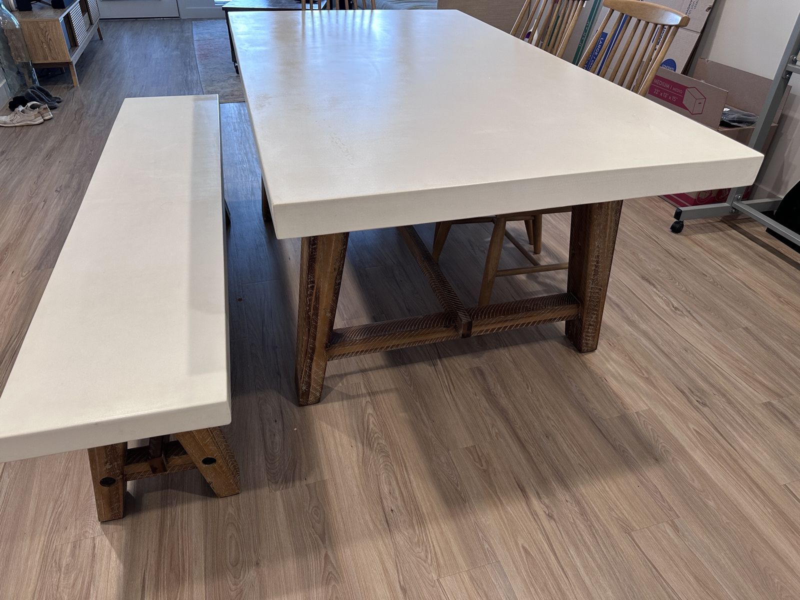 Downeast Modern Concrete Top Dining Table with Matching Bench and Rustic Wood Base Set