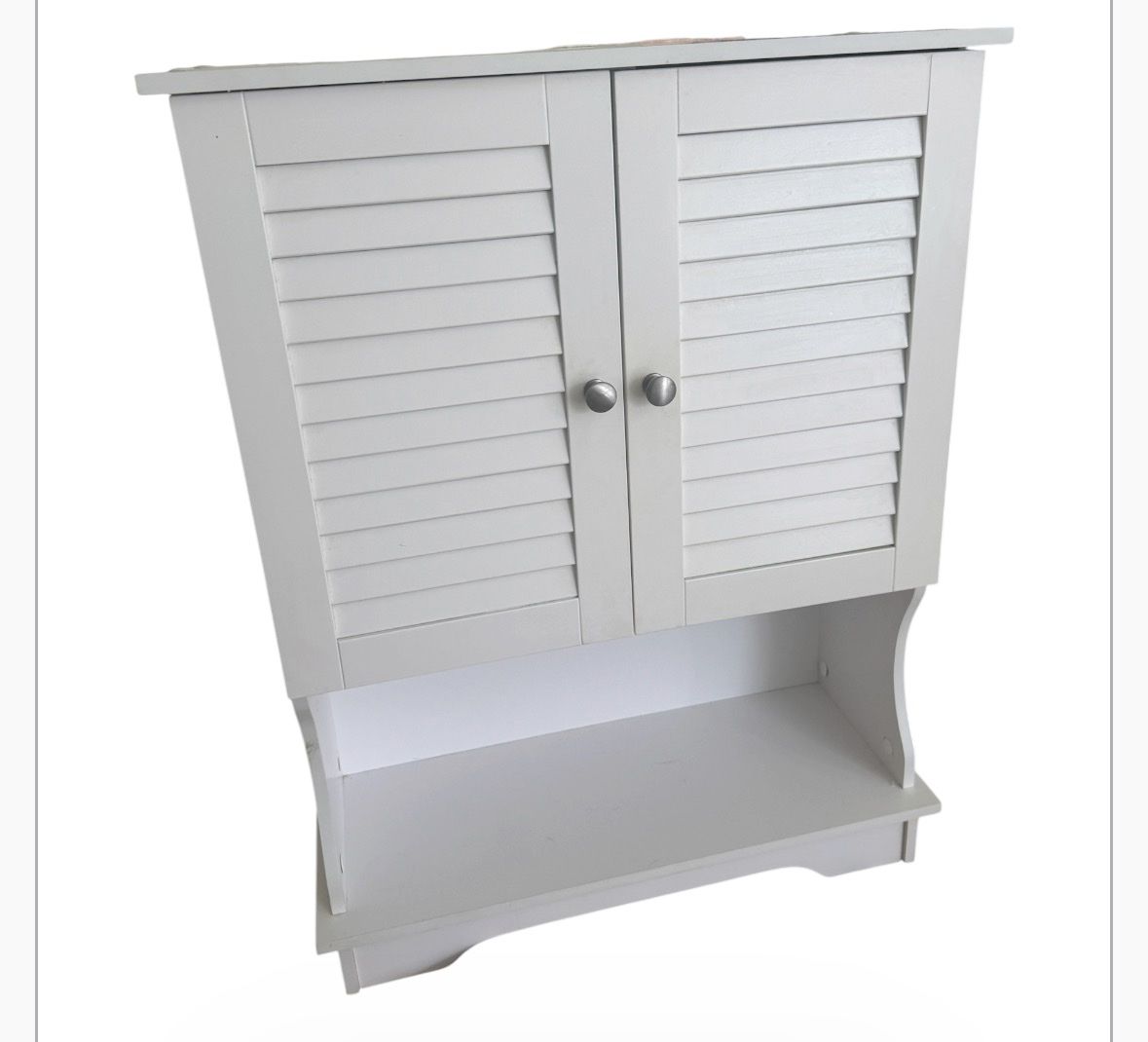 White Wooden Bathroom Wall Cabinet with Shutter Doors and Open Shelf