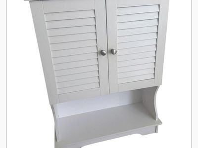White Wooden Bathroom Wall Cabinet with Shutter Doors and Open Shelf
