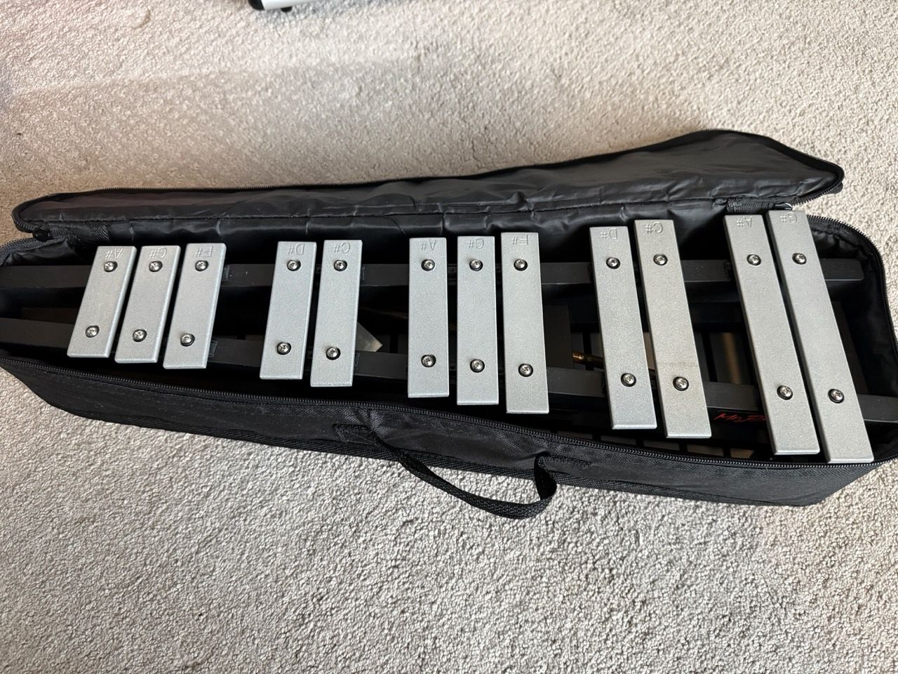 Foldable 30-note Glockenspiel with carrying case.