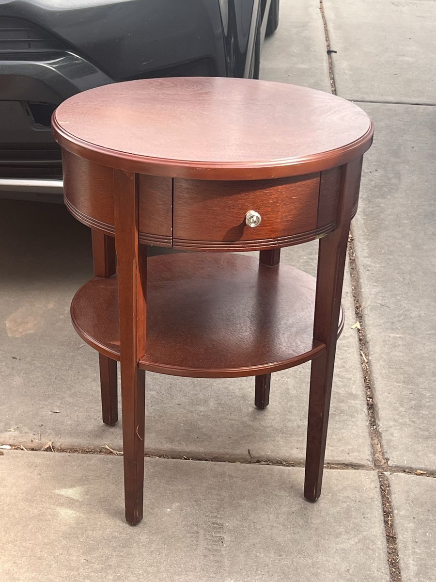 Round Wood Accent End Table with Drawer and Lower Shelf - Dark Cherry Finish