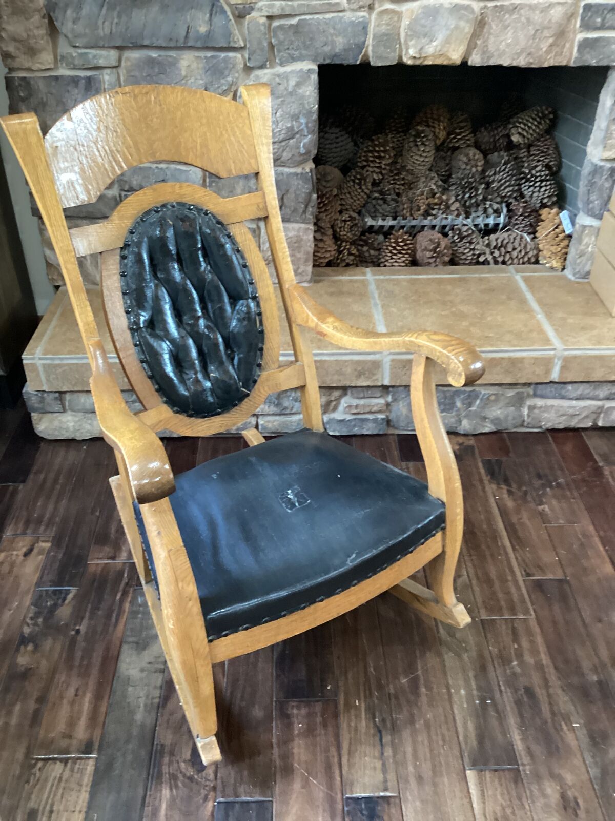 Antique Rocking Chair Lincoln Style Oak Black Leather Cabin