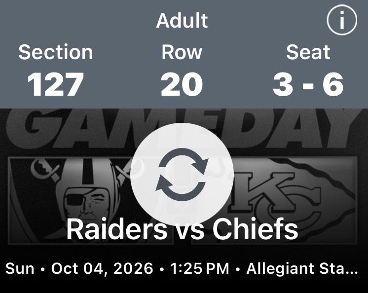 Raiders vs Chiefs Tickets lower bowl 4 seats $450 each
