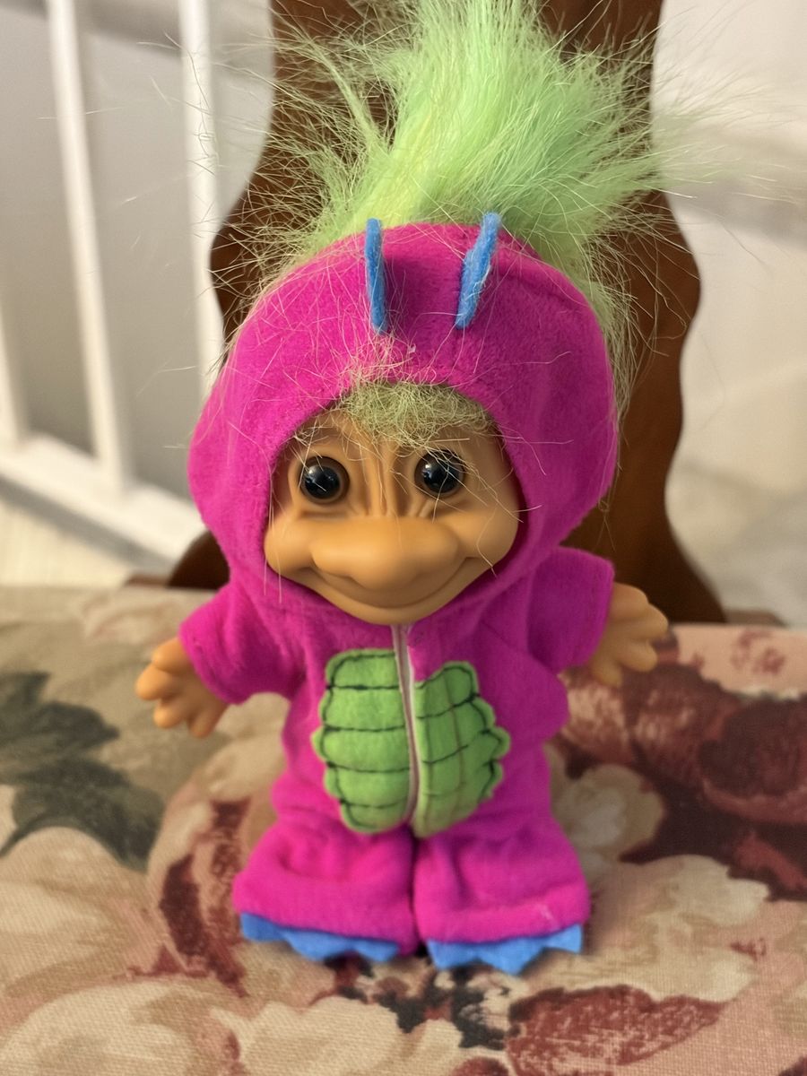 Vintage Russ Troll Doll Green Hair Pink Dinosaur Costume 5" Retro Collectible Toy
