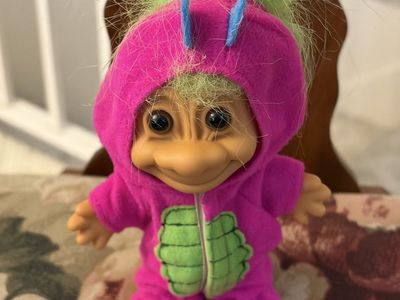 Vintage Russ Troll Doll Green Hair Pink Dinosaur Costume 5" Retro Collectible Toy