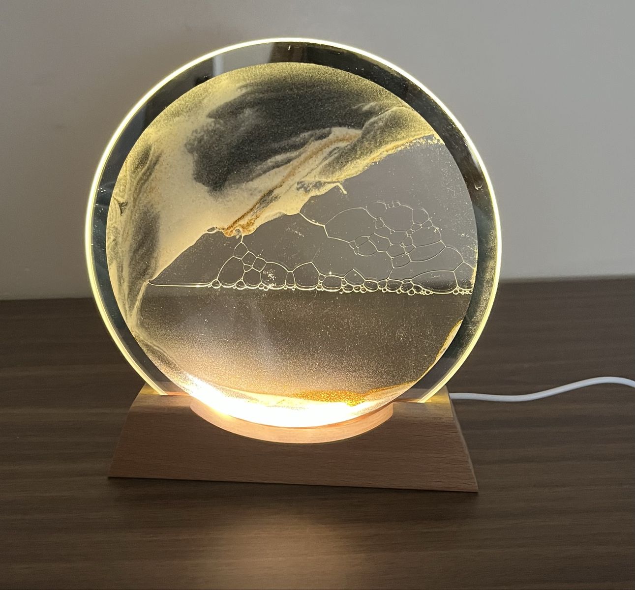 Moving Sand Art Lamp Circular Quicksand Painting with LED Light and Wood Base