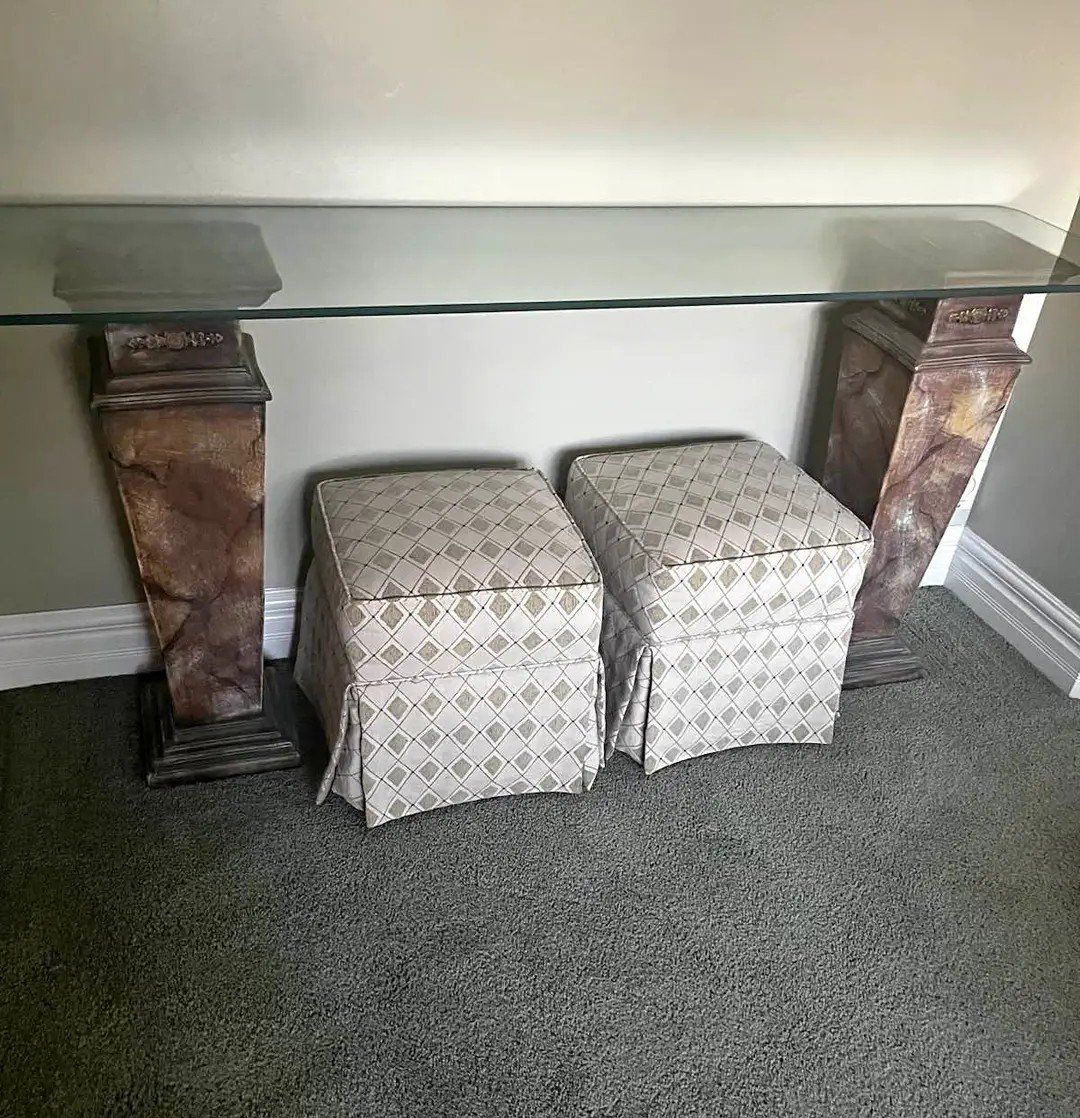 Elegant Glass Table with Faux Marble Pedestals