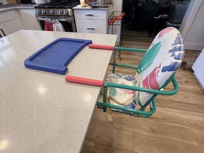 Vintage Metal Frame Hook-On High Chair w/ Tray - Multi-color Fabric Seat