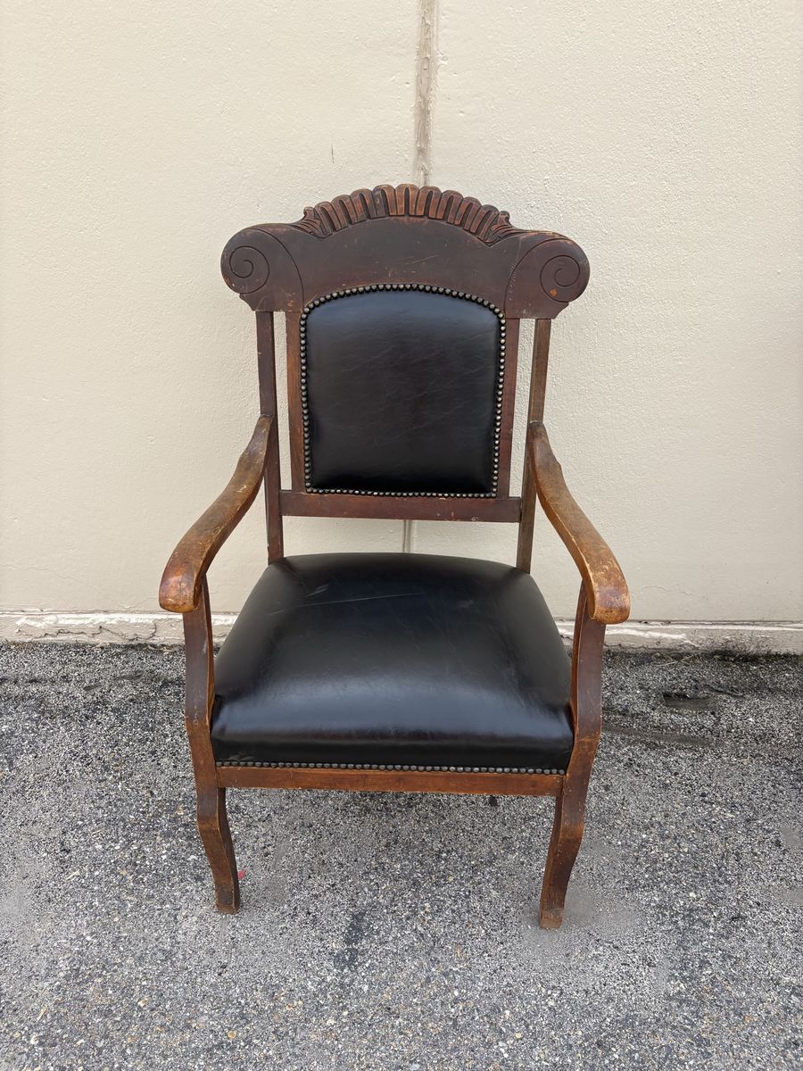 Vintage Wood Arm Chair Leather Nailhead Accent
